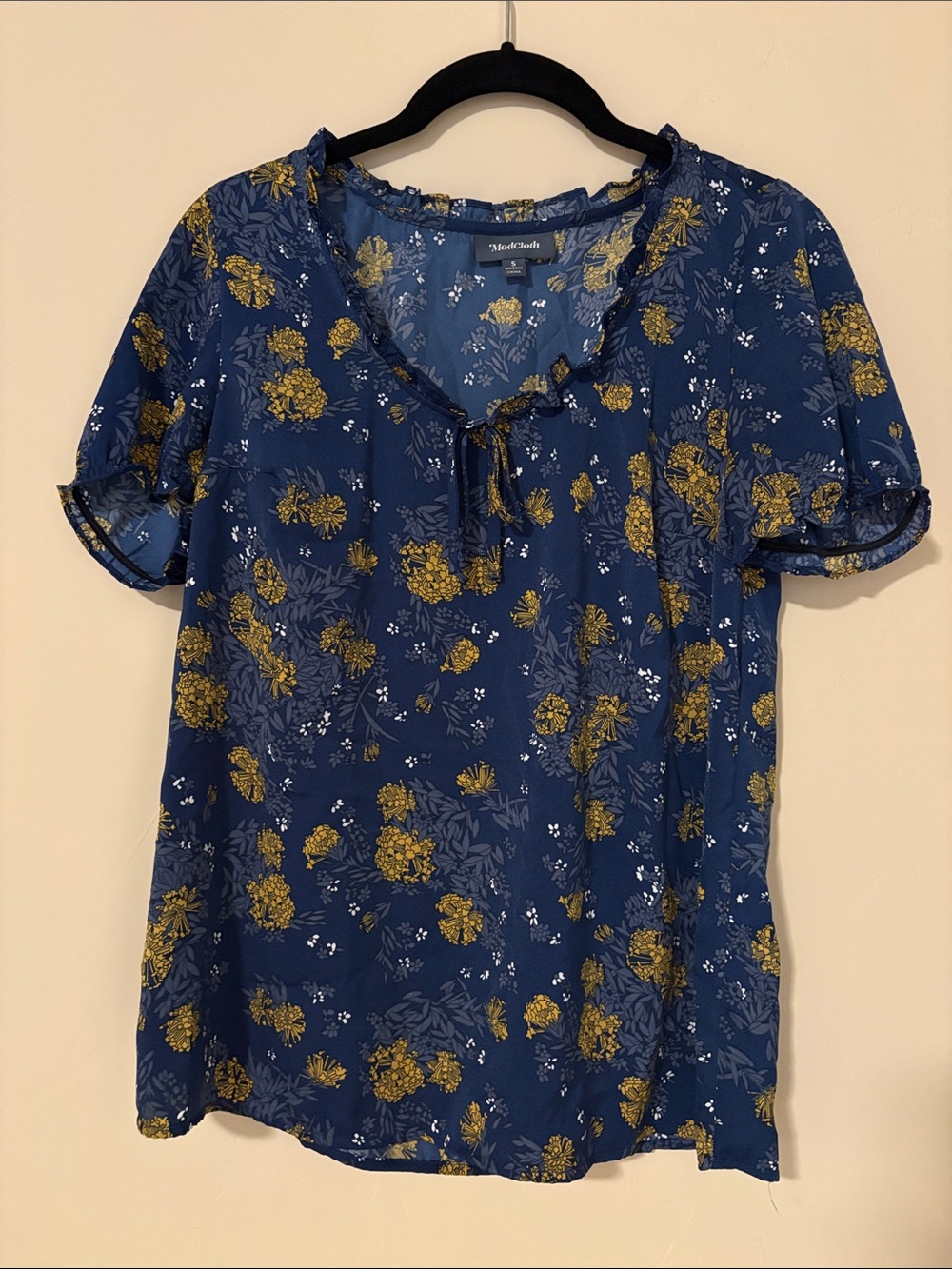 ModCloth Navy Blue Floral Tie-Front Short Sleeve Blouse